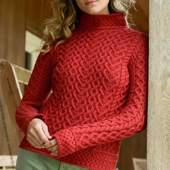 Aran Mor Hearts High Mock Neck Cable Knit Sweater Small Red - Picture 2 of 11